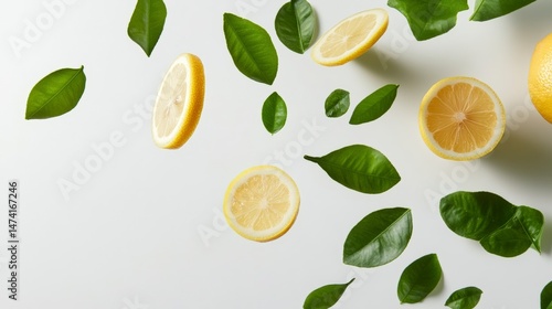 A still life of fresh lemons and basil leaves scattered on a white surface, with a soft focus background, suggesting a kitchen or dining setting.
