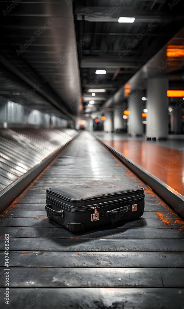 © Lucianastudio - Suitcase sits alone on the baggage claim carousel after long flight at the airport
