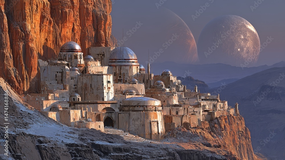 Fototapeta premium A futuristic human settlement on an extraterrestrial planet is marked by its innovative domed constructions and lively atmosphere, basking in the radiant golden light of the sun as it sets
