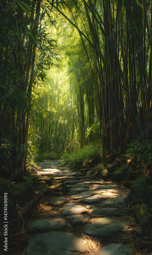 Obraz premium A stone path winds through a serene bamboo forest with sunlight filtering through the tall trees