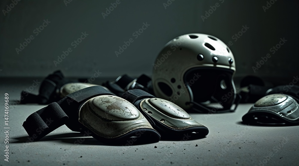 Fototapeta premium Protective gear and helmet scattered on the floor in a dimly lit indoor space during an evening session