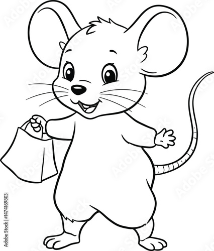 Adorable Cartoon Mouse Holding Cheese in a Playful Black and White Illustration