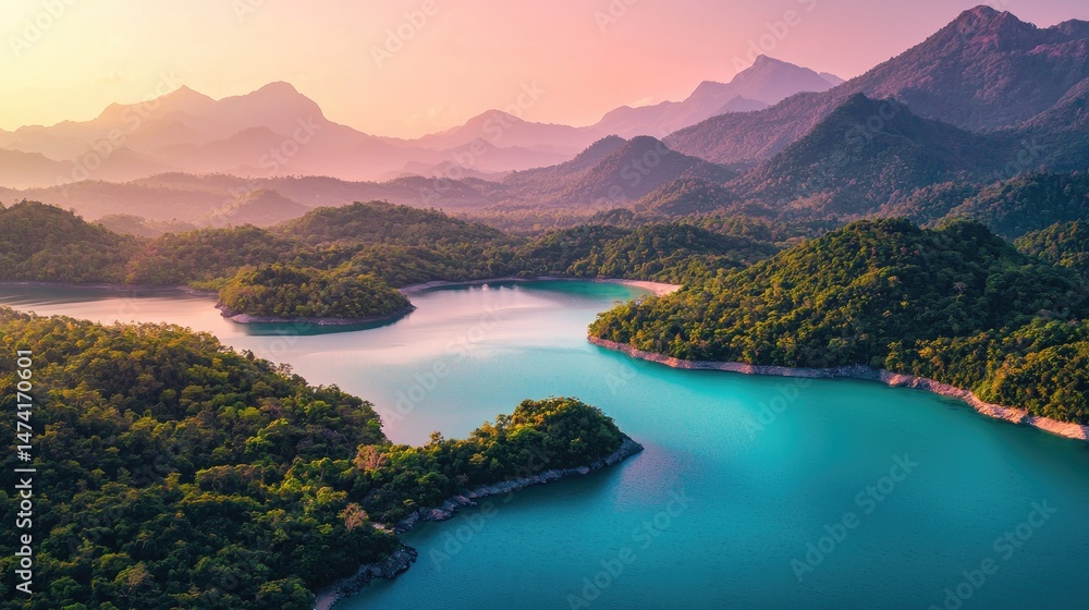 Fototapeta premium Serene mountain lake scenery at sunrise.