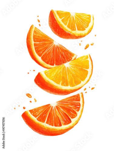 Beautifully arranged orange slices with watercolors floating on a white background isolated for artistic presentation