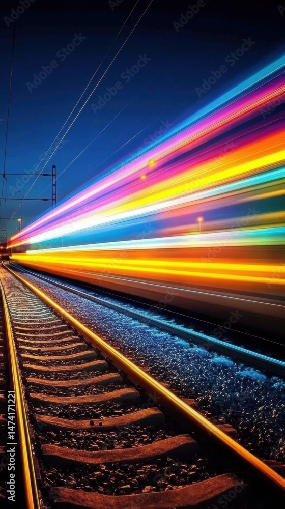 Fototapeta premium Fast train motion blur at night along railway tracks with colorful light streaks in transportation concept low angle view