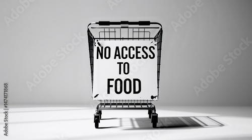 Message displayed on shopping cart highlights food accessibility issues in an urban area during daylight