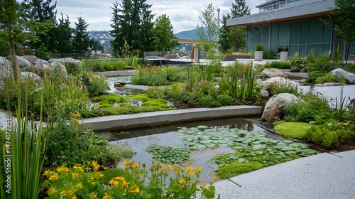 Lush, landscaped outdoor water garden featuring varied plants and stones.