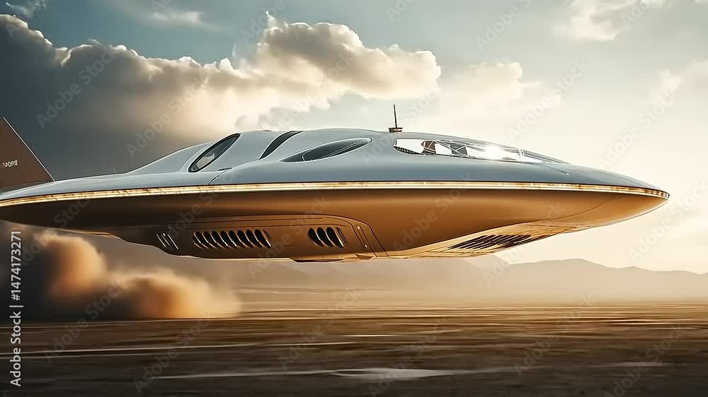 Futuristic flying saucer soaring above a desert landscape at sunset Futuristic flying saucer soaring above a desert landscape at sunset