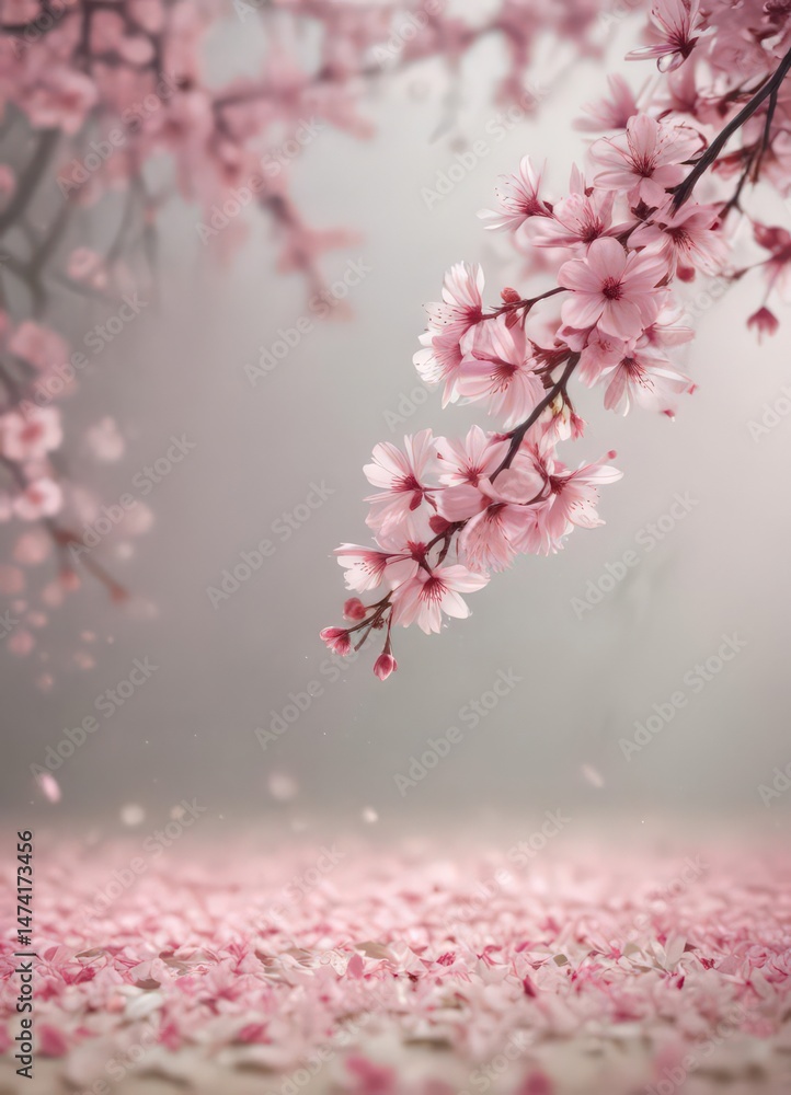 Obraz premium Delicate pink sakura petals drift on a soft-focus spring background , pretty, cherry, peaceful