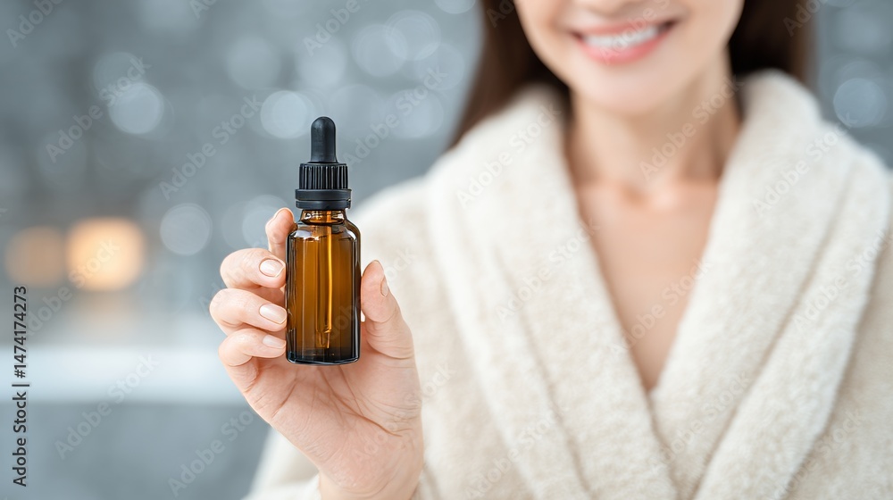 Fototapeta premium With her hands and the product as her focus, a young Hispanic woman with brunette hair holds a dropper bottle in a calming wellness center or spa