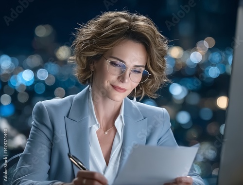 A woman sits at her desk in an office at night, working on web development on her computer screen, while also managing a project on her tablet