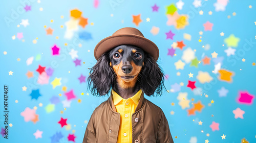 A dapper dachshund in a hat and jacket against a colorful star backdrop