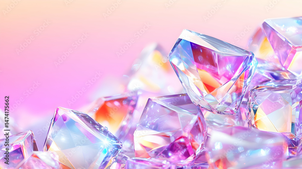 Iridescent crystals cluster, glowing with pastel hues against a soft background Iridescent crystals cluster, glowing with pastel hues against a soft background