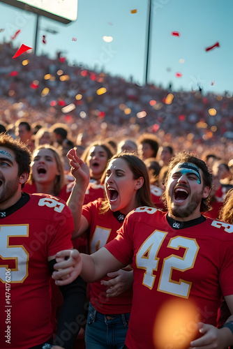 Fans celebrate game day at stadium outdoor crowd erupts with excitement, energy and passion in the air!
