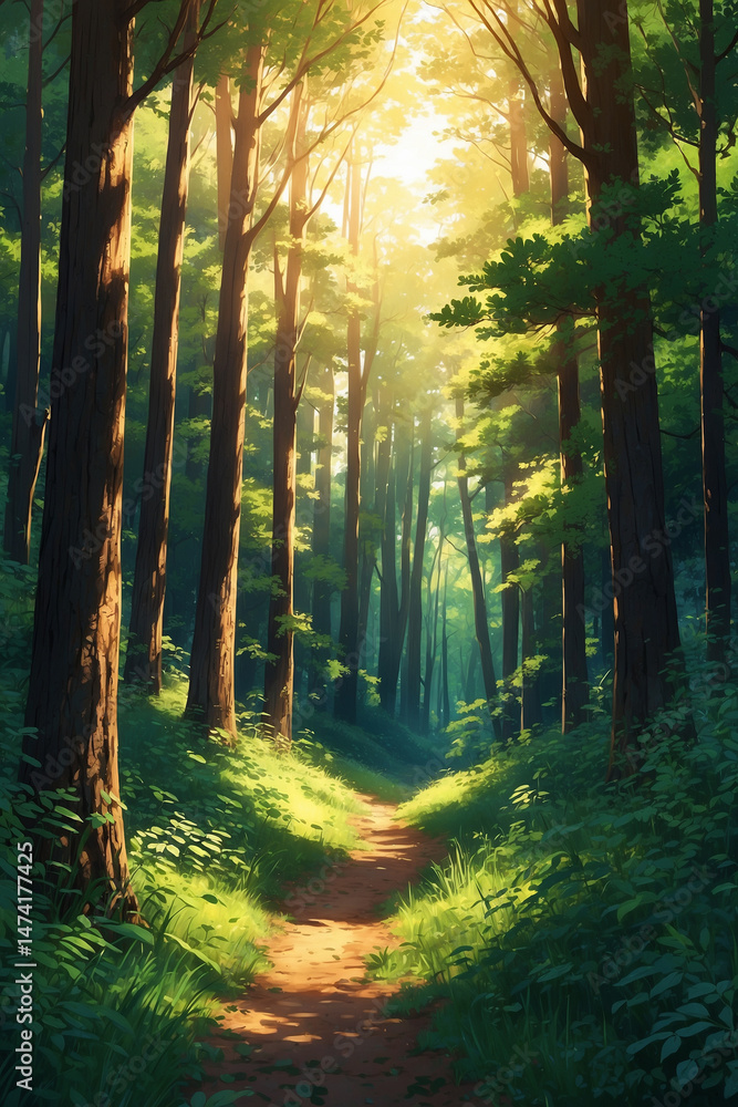 Obraz premium Gentle sunlight filling an open forest glade with warm textures in anime style and a quiet spiritual mood