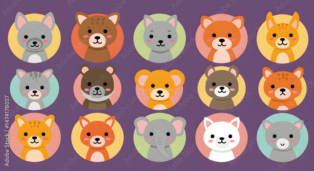Cute animal avatars on colorful circles Cute animal avatars on colorful circles
