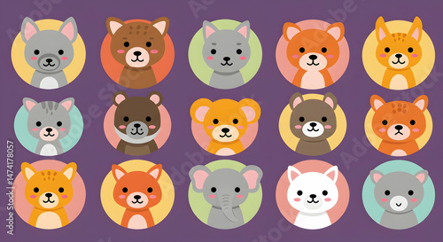 Cute animal avatars on colorful circles