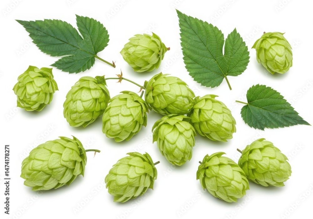 Fototapeta premium Fresh hop cones and leaves still life on white background