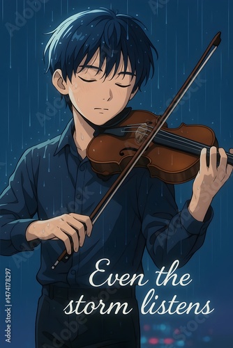 Serene Anime Boy Plays Violin in Rain Artistic Illustration Peaceful Music Artwork