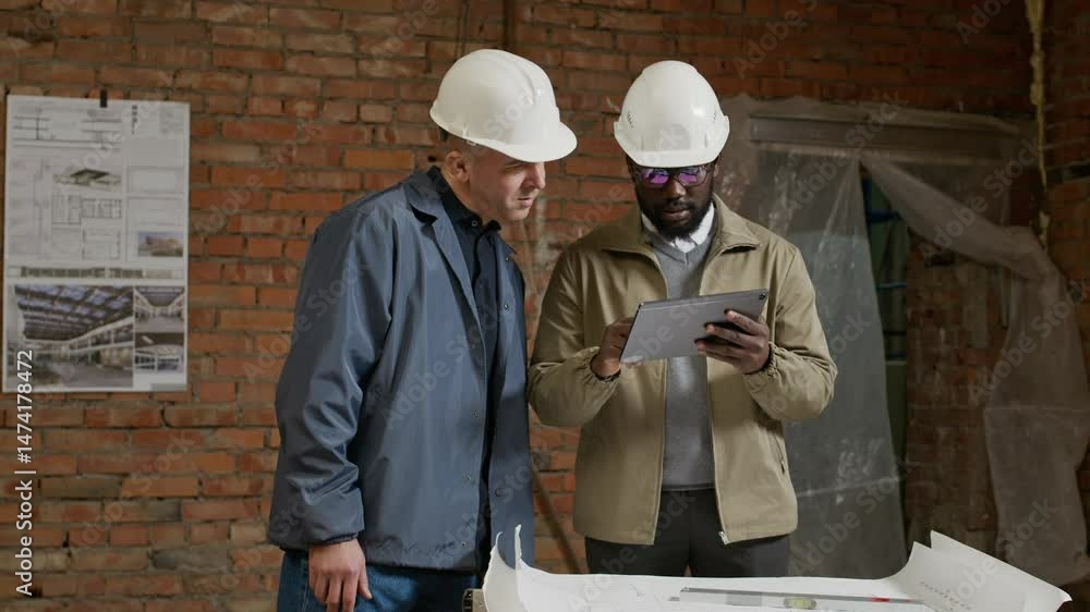 Medium long shot of two intercultural engineers wearing hardhats using digital tablet while working inside unfinished room Medium long shot of two intercultural engineers wearing hardhats using digital tablet while working inside unfinished room
