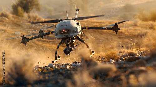 High-Tech Drone Flying Over Desert Terrain at Sunset