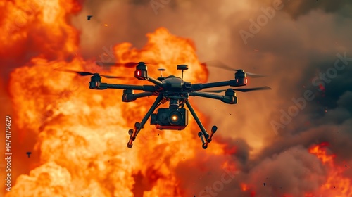Drone Capturing Fire Scene with Flames and Smoke in Background