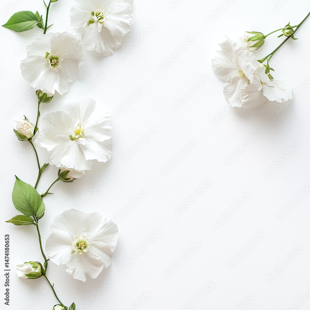 Fototapeta premium Delicate white flowers arranged on a white background (80)