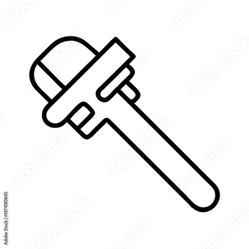black and white icon of adjustable pipe wrench with wide jaw and long handle, minimal outline plumbing tool for pipework and maintenance, isolated vector illustration