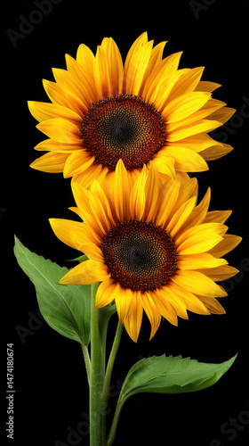 Two bright yellow sunflowers with dark centers and green leaves stand tall against a stark black background, captu the beauty of nature's floral artistry.