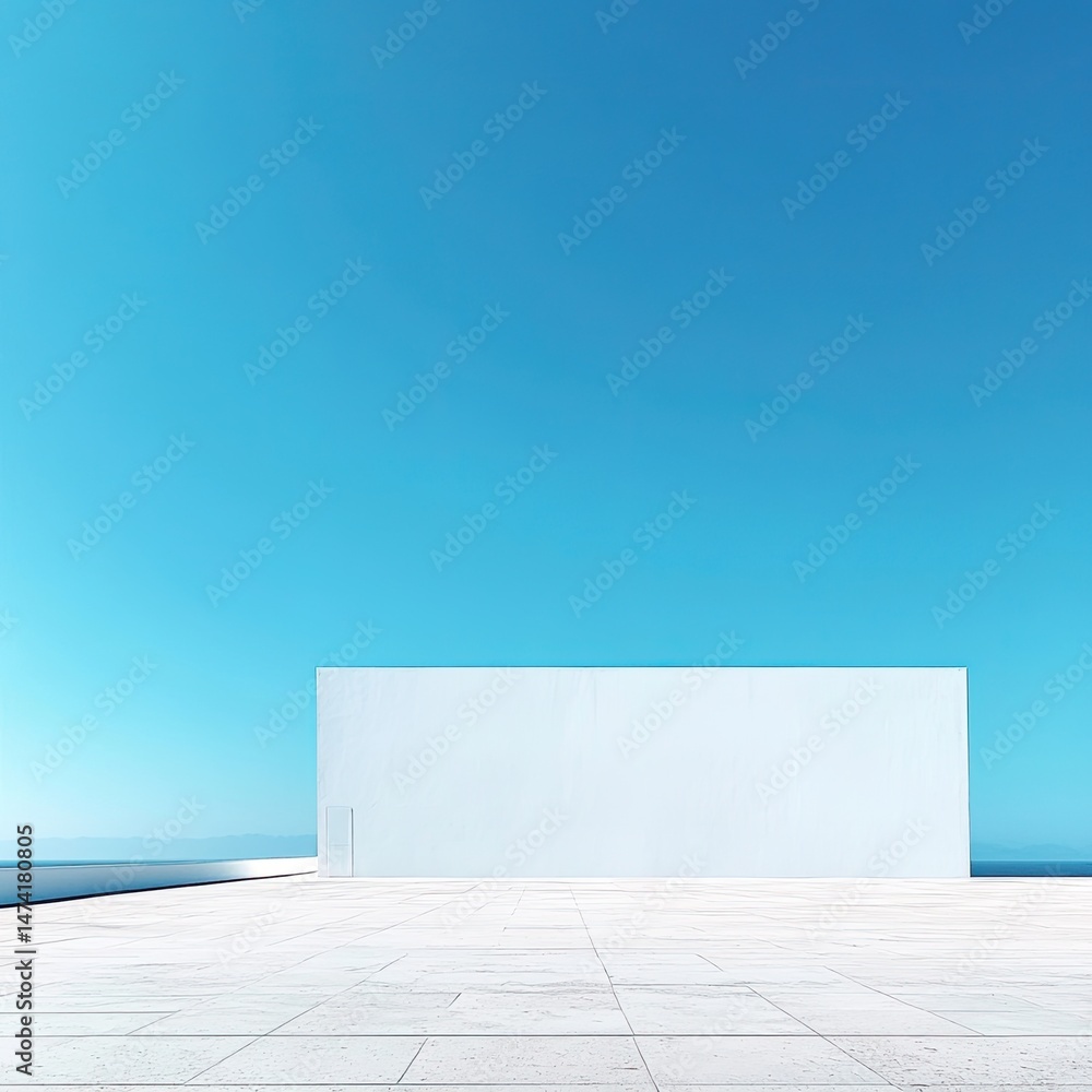 Minimalist white architectural structure against a vibrant blue sky. Empty, modern plaza by the ocean Minimalist white architectural structure against a vibrant blue sky. Empty, modern plaza by the ocean