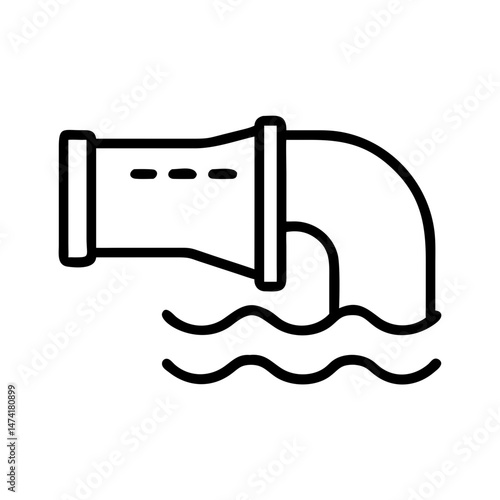 black and white icon of curved drainage pipe discharging into water, minimal outline plumbing or sewer system element, isolated utility vector illustration