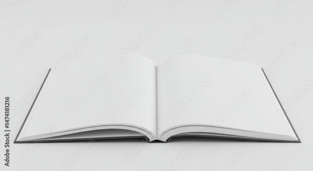 Open book with blank pages displayed on a light gray surface. Blank pages are spread open for design placement. Empty book. perfect for a print mockup or design demonstration. Open book with blank pages displayed on a light gray surface. Blank pages are spread open for design placement. Empty book. perfect for a print mockup or design demonstration.