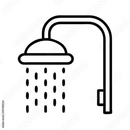 black and white icon of showerhead with curved pipe and falling water droplets, minimal outline plumbing fixture for hygiene and bathroom use, isolated vector