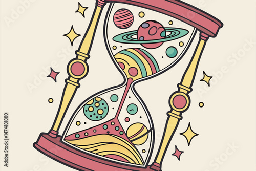 143 detailed hourglass with colorful planets and celestial bodies floating inside, whimsical digital fantasy illustration, vibrant colors, intricate details, beautiful design, highly detailed, digital