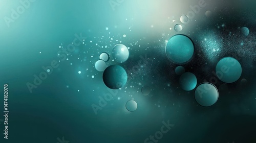 An abstract teal artwork of floating bubbles and scattered particles