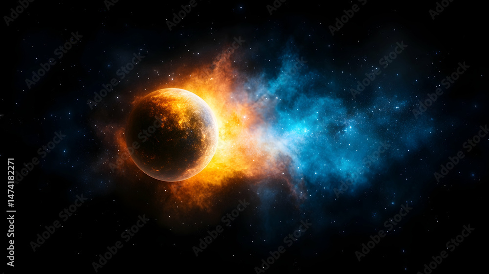 Obraz premium Fiery planet engulfed in cosmic nebula, emitting intense orange and blue energy