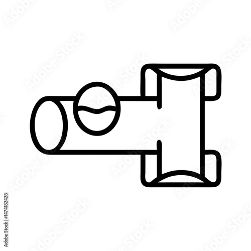 black and white icon of plumbing pipe tee connector with side branch and cutaway view, minimal outline style fitting component, isolated vector illustration