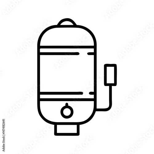 black and white icon of vertical water heater or boiler with control panel and pipe connector, minimal outline plumbing appliance, isolated vector illustration