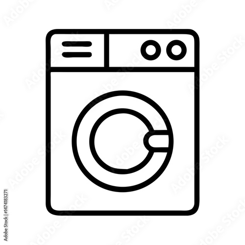 black and white icon of front load washing machine with control panel and round door, minimal outline household appliance, plumbing utility equipment