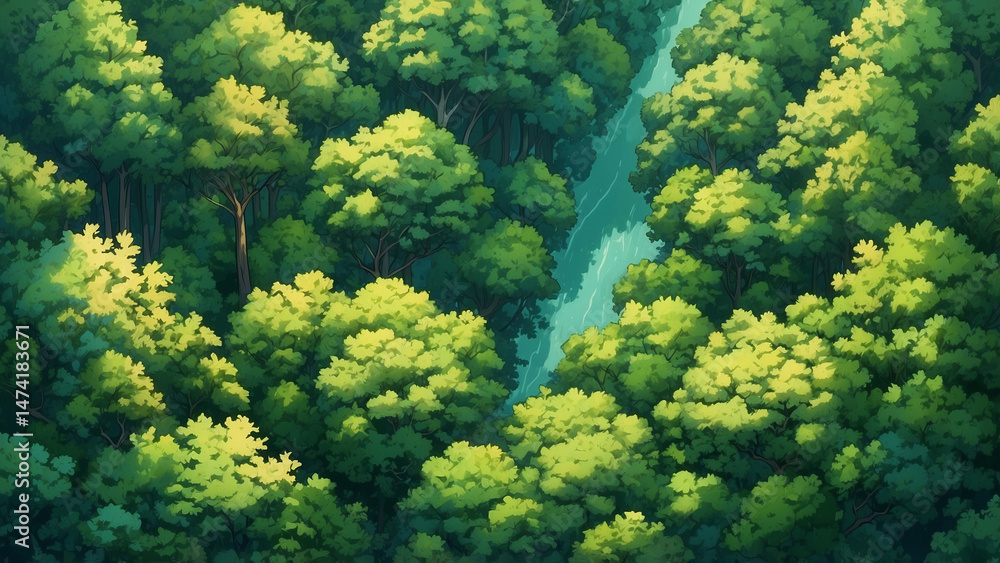 Naklejka premium Top view of towering trees blending in soft shades of green in anime style with a quiet and majestic feel