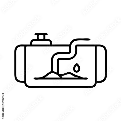 black and white icon of septic tank system with pipe and liquid drop, minimal outline style, plumbing and sanitation concept, isolated illustration