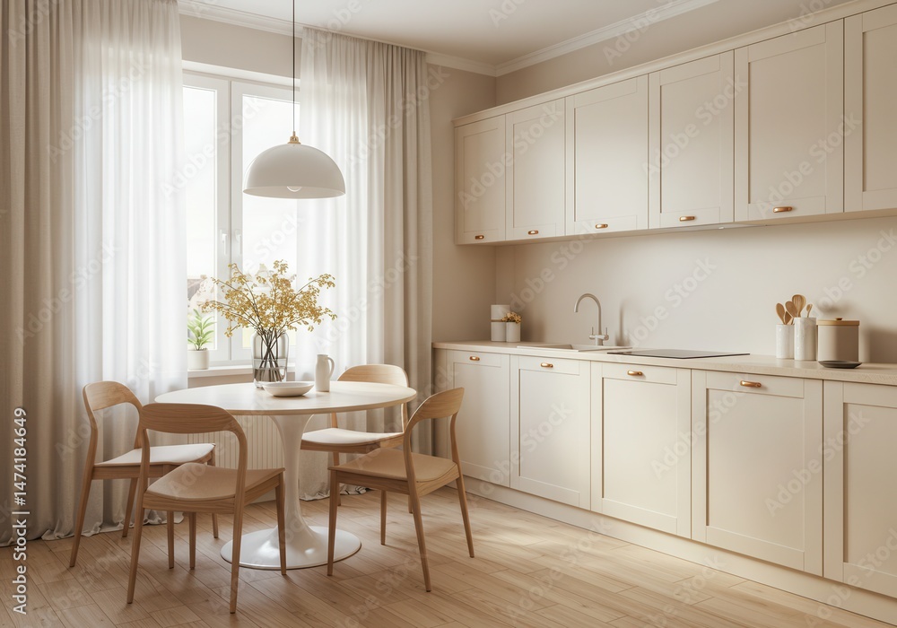 Fototapeta premium Bright kitchen interior with round table, wooden chairs, and white cabinets in a modern home