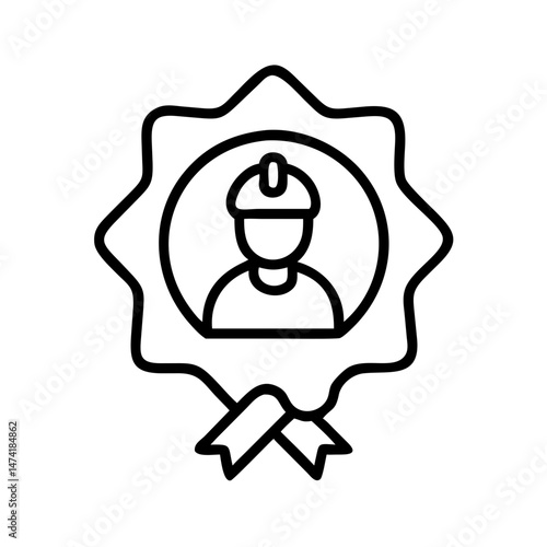 black and white icon of certified plumber badge with helmeted worker inside award ribbon, minimal outline style, plumbing quality assurance concept