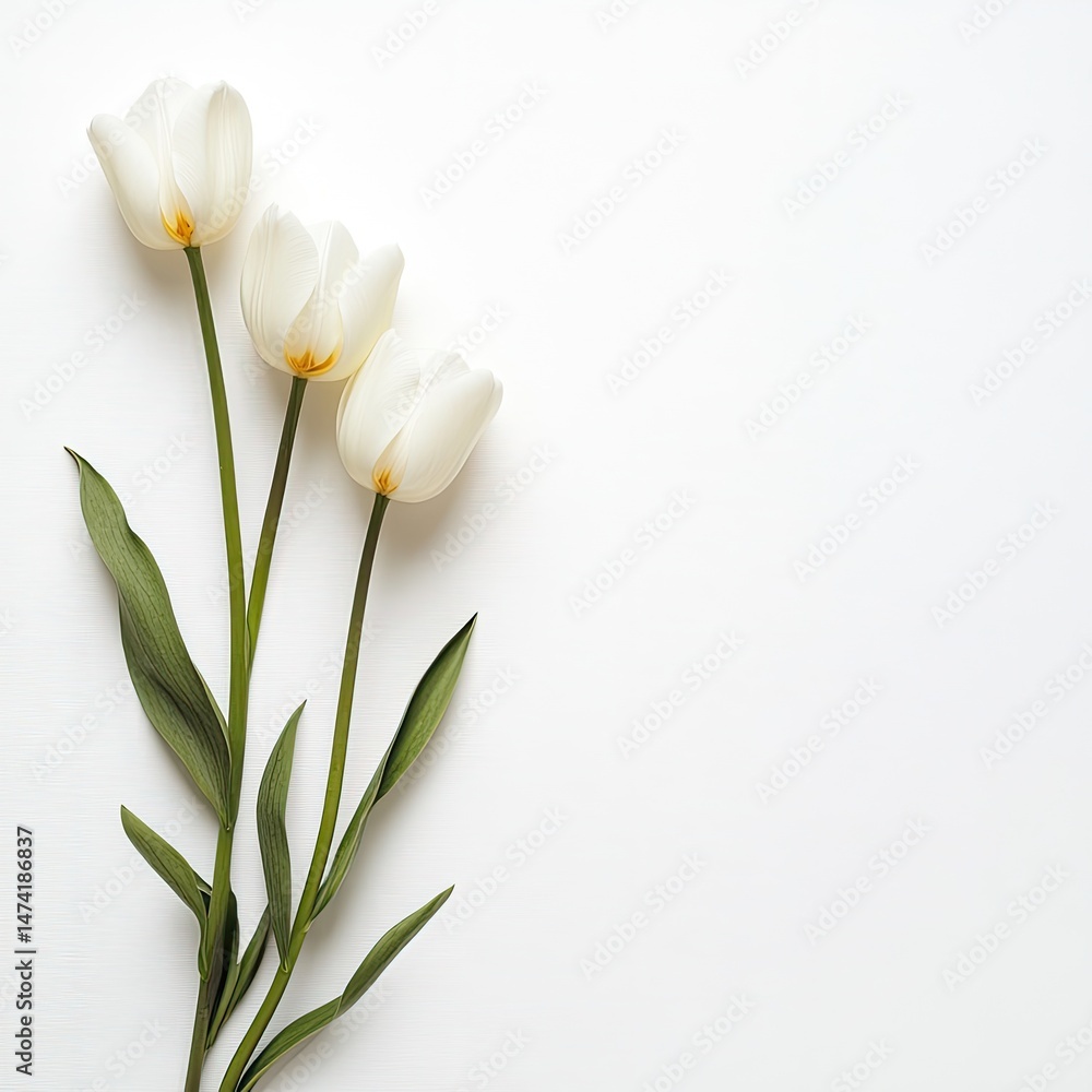 Three white tulips on a white background Three white tulips on a white background