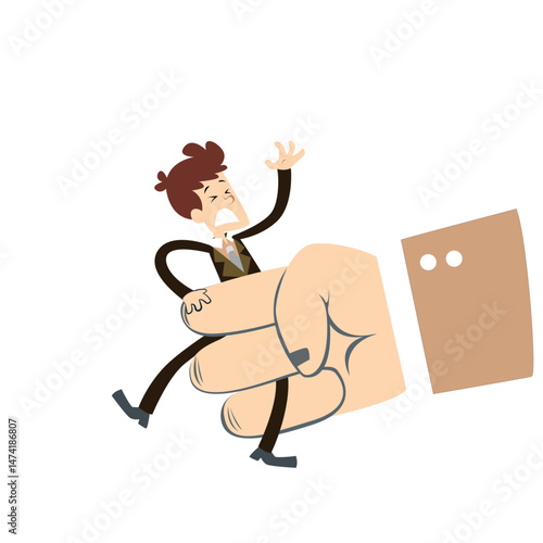 Cartoon Illustration of a Giant Hand Gripping a Struggling Businessman – Concept of Control and Power Dynamics