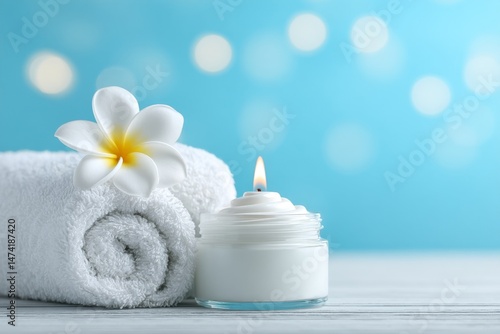 A white wooden table holds a composition consisting of cream and burning candles, ready for a spa treatment