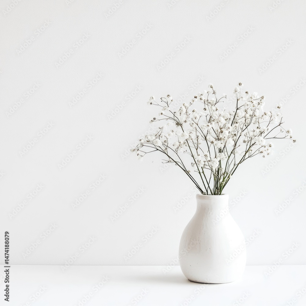 Simple white vase with delicate flowers Simple white vase with delicate flowers