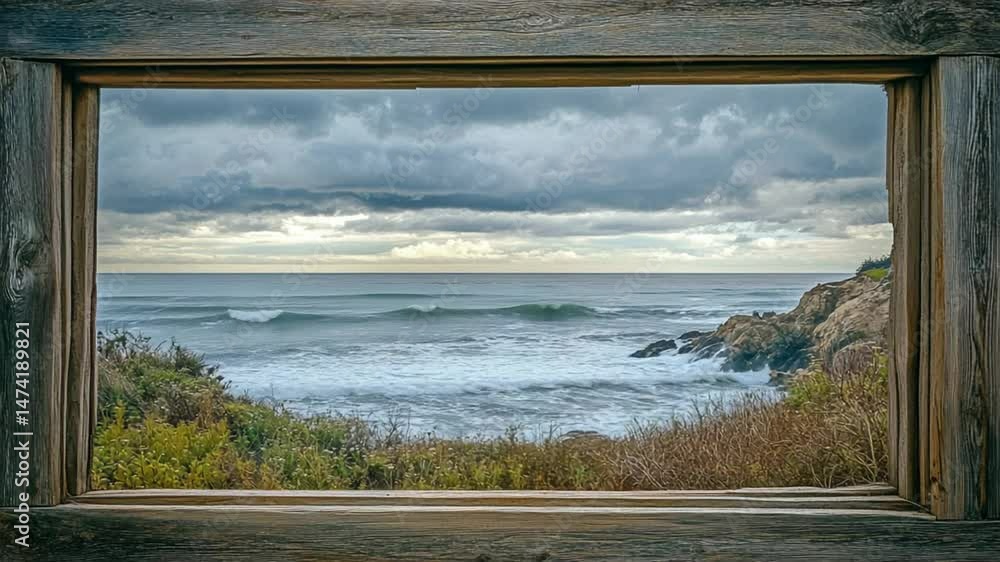 Ocean view from a wooden frame with waves crashing on the rocks and cloudy sky Ocean view from a wooden frame with waves crashing on the rocks and cloudy sky