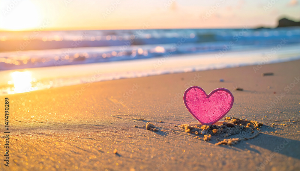 Fototapeta premium Sunset beach heart decoration coastal shore photograph romantic setting close-up view love