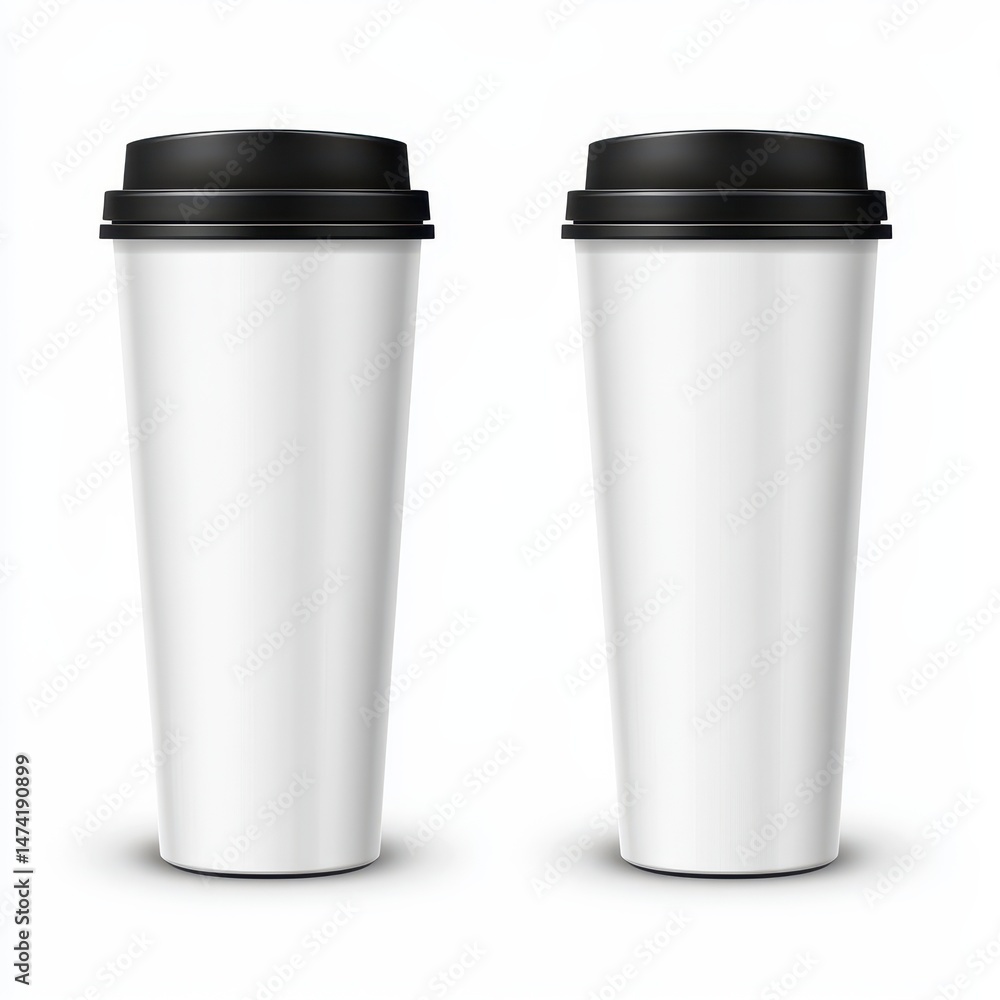 Two identical white disposable coffee cups with black lids. Each cup is tall and cylindrical, showcasing a smooth, glossy finish Two identical white disposable coffee cups with black lids. Each cup is tall and cylindrical, showcasing a smooth, glossy finish